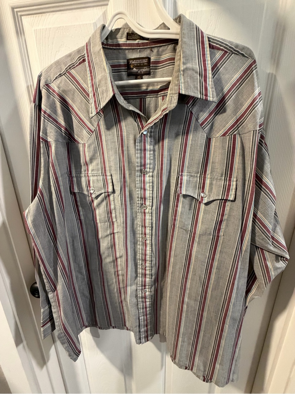 Plainsman Grey and Burgundy Striped Pearl Snap Western Shirt